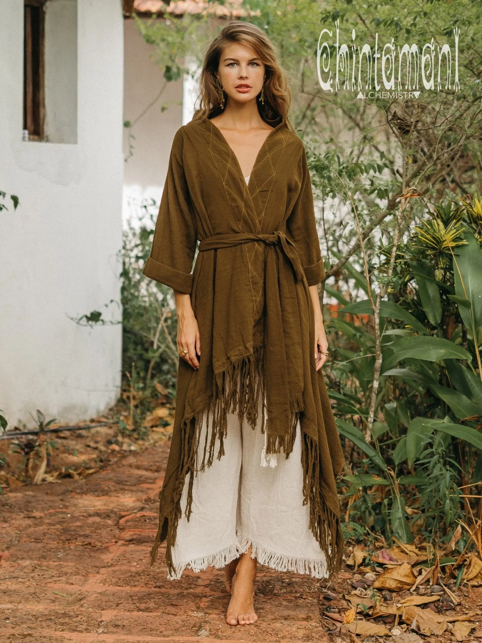 Long Fringe Kimono Wrap Cardigan for Women / Aroha Tino Brown