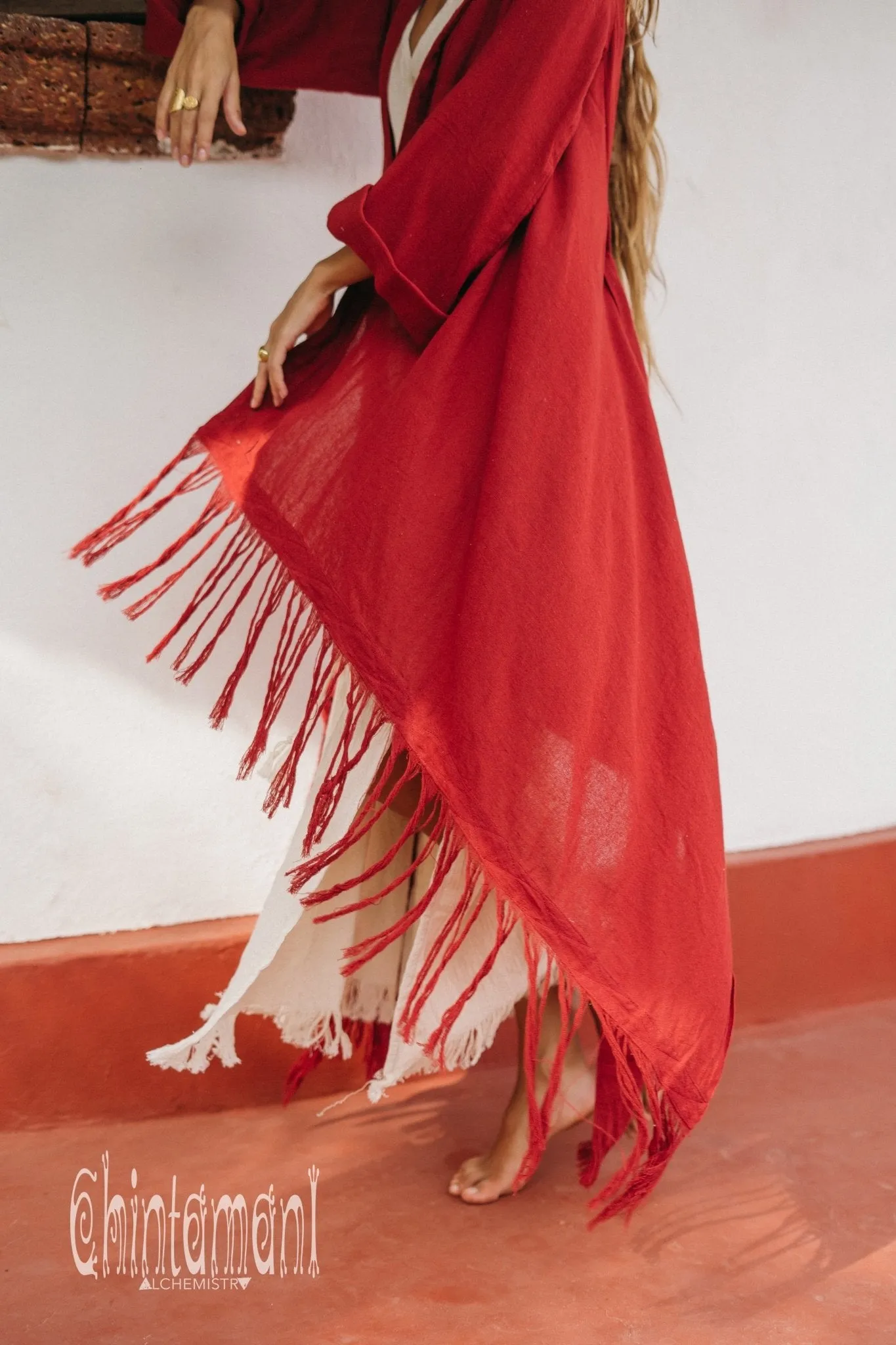 Long Fringe Kimono Wrap Cardigan for Women / Aroha Tino Red Ochre