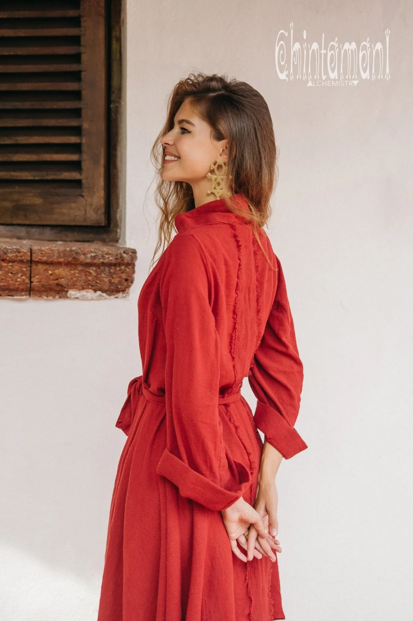 Long Fringe Kimono Wrap Cardigan for Women / Aroha Tino Red Ochre