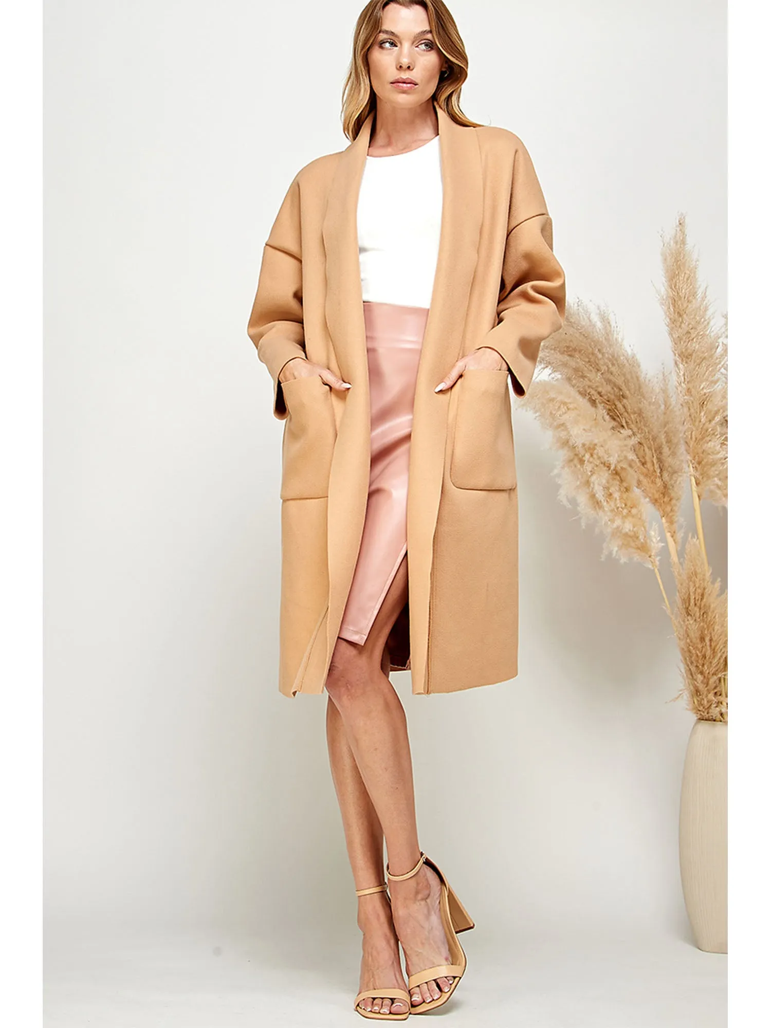 Long Sleeve Cocoon Foldover Lapel Long Coat