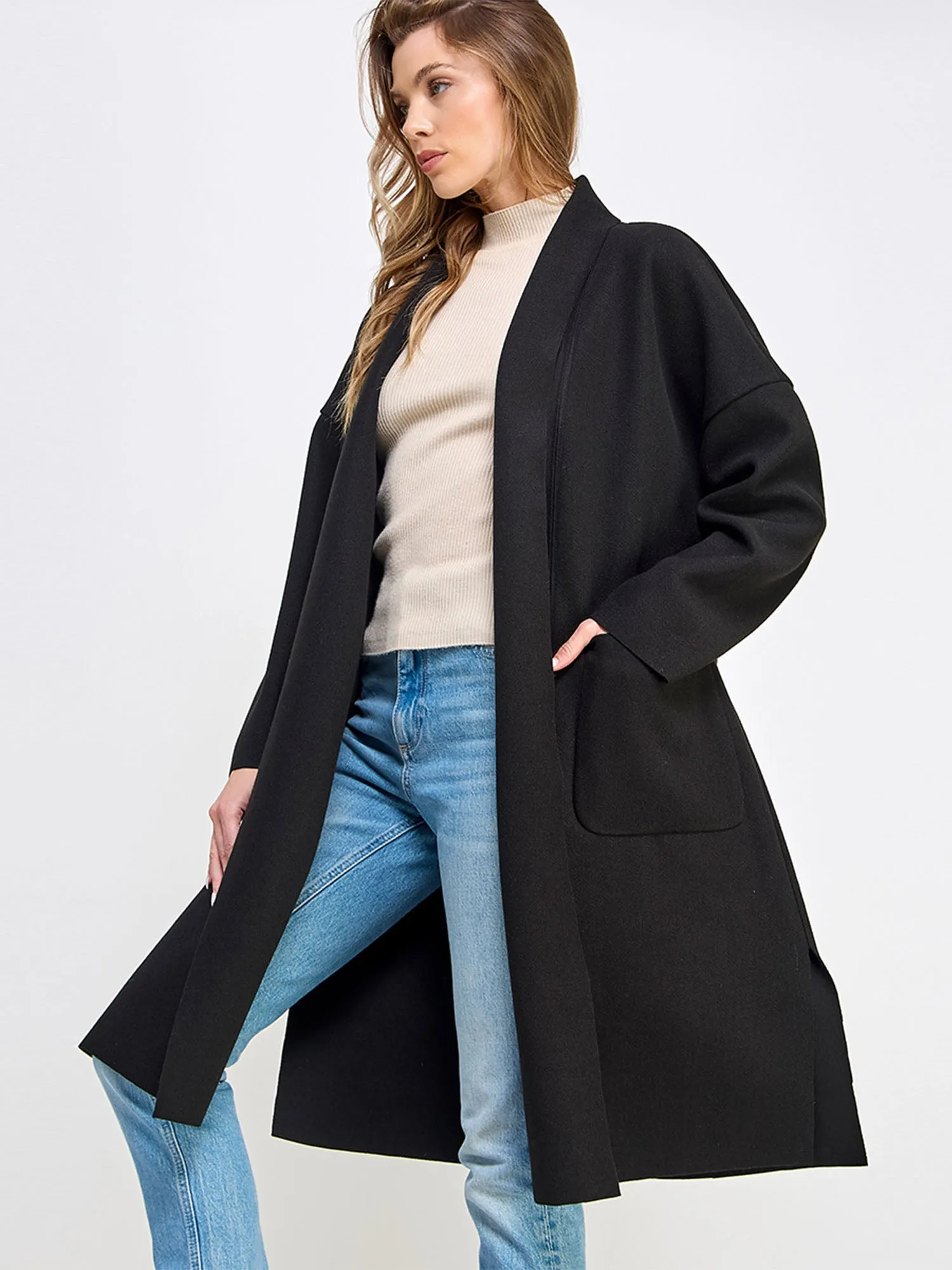 Long Sleeve Cocoon Foldover Lapel Long Coat