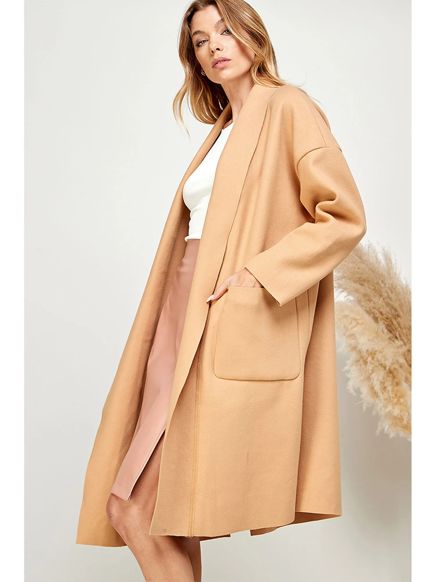 Long Sleeve Cocoon Foldover Lapel Long Coat