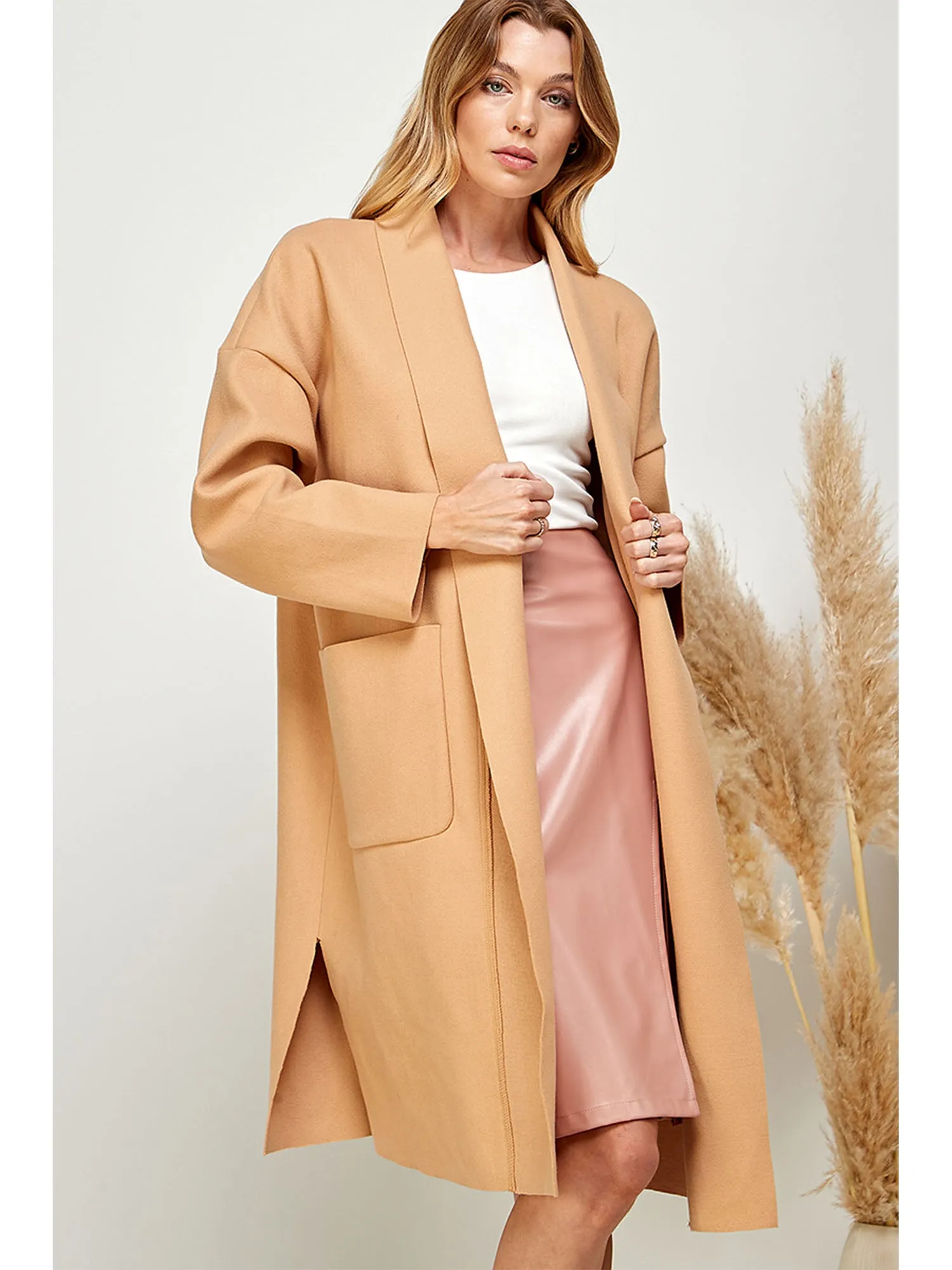 Long Sleeve Cocoon Foldover Lapel Long Coat