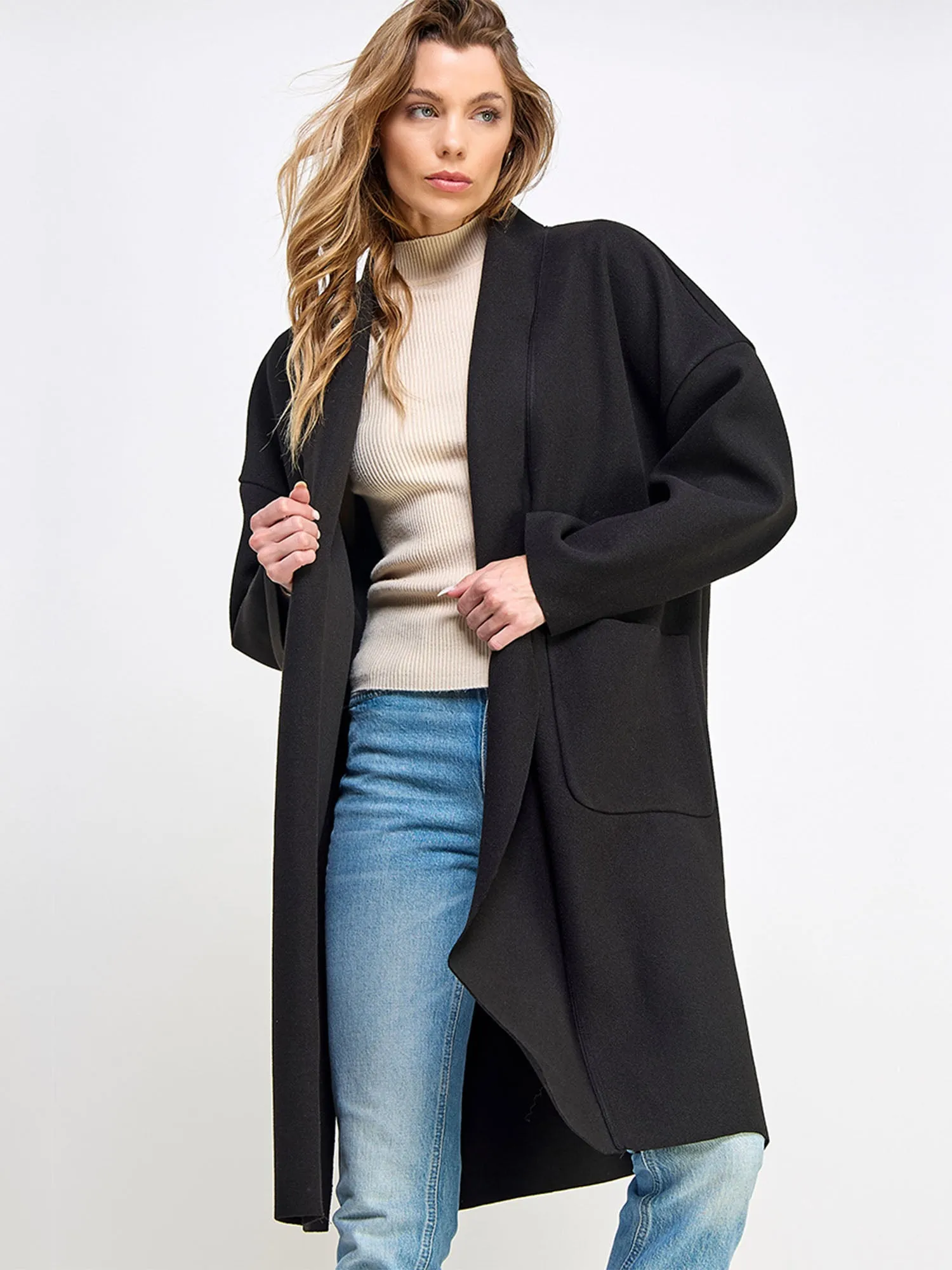 Long Sleeve Cocoon Foldover Lapel Long Coat