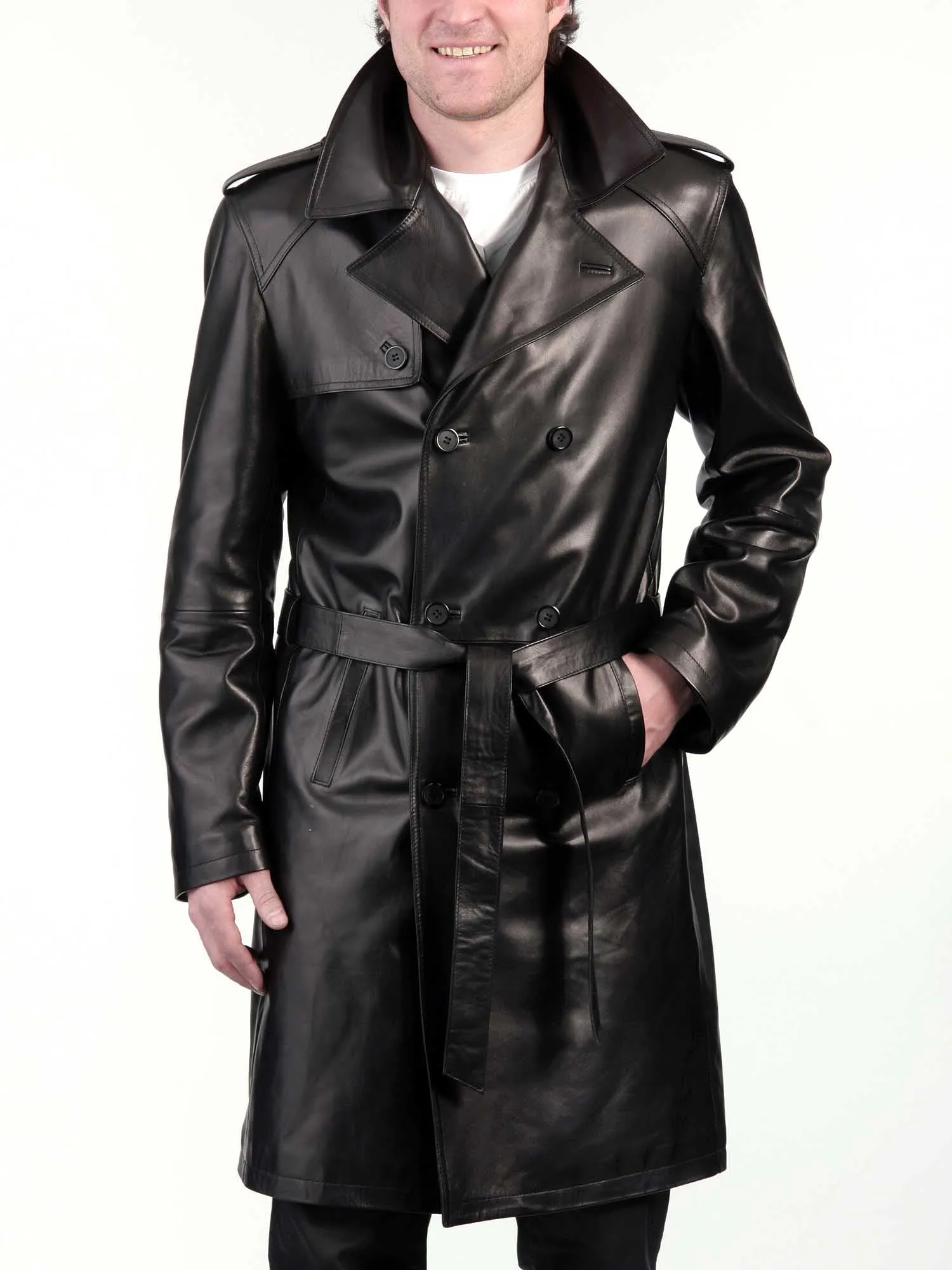 Men's Black Leather Knee Length Trench Coat MC01