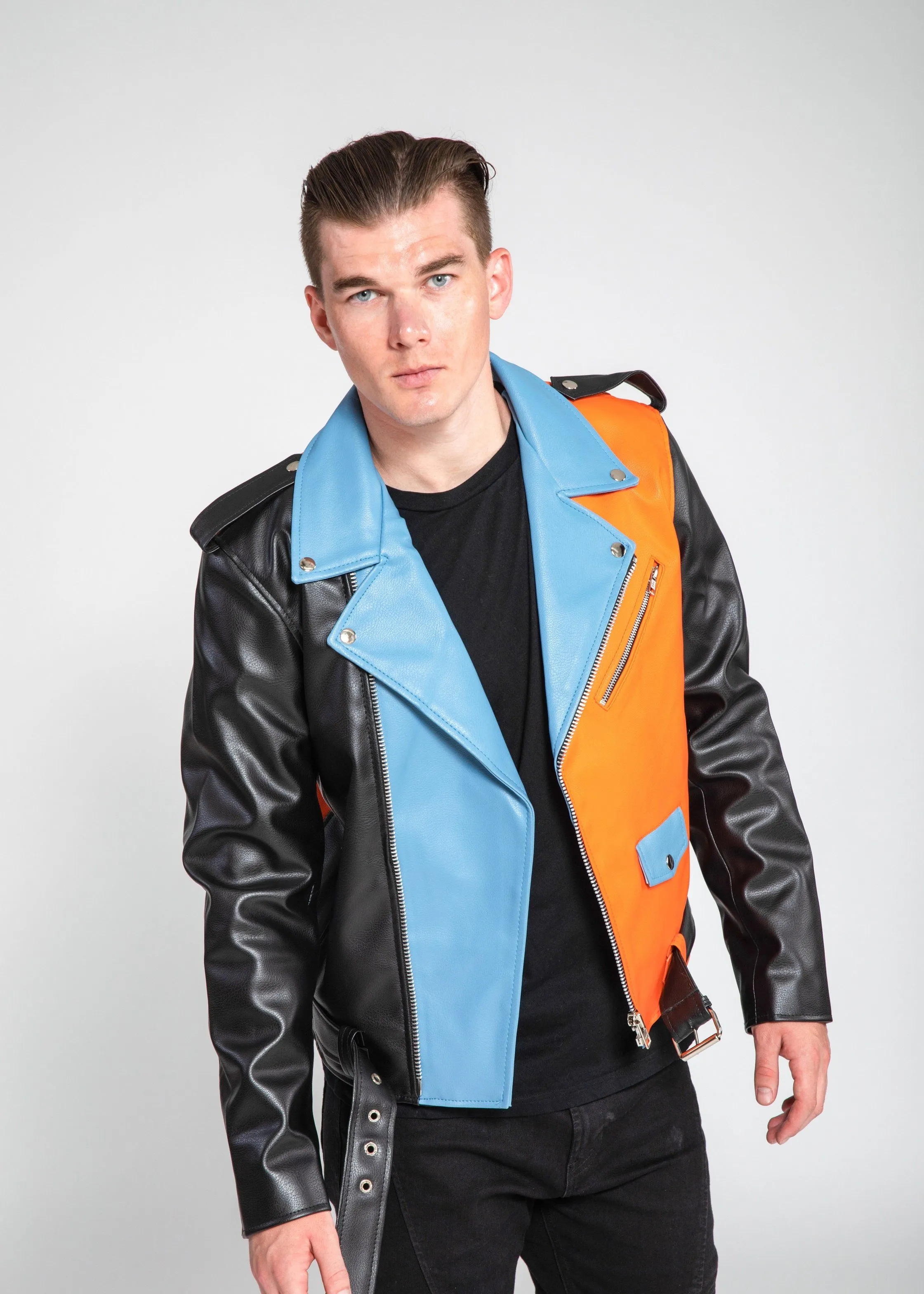 Men's Block Print Moto Style Faux Leather Jacket - Aqua Blue/Orange