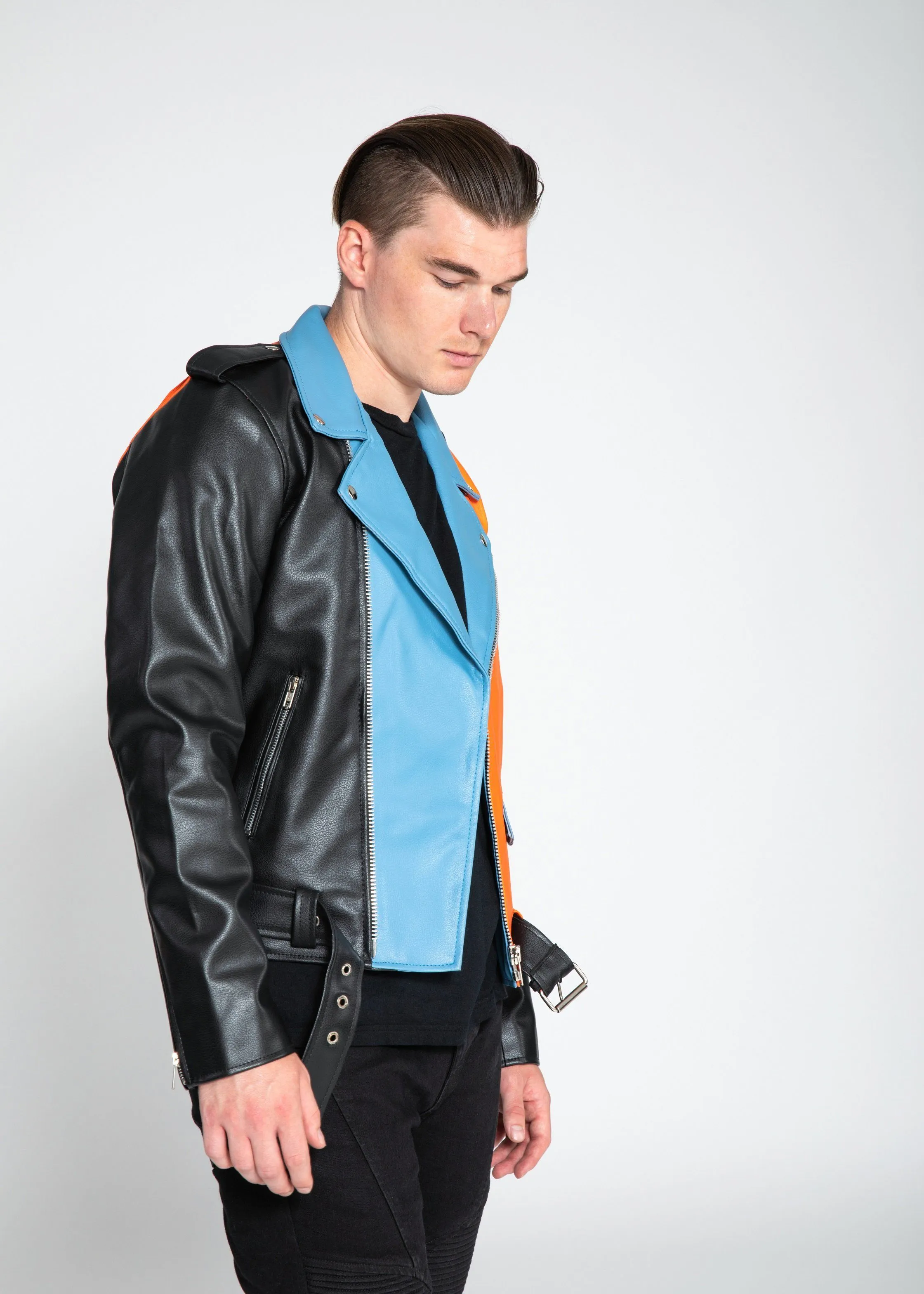 Men's Block Print Moto Style Faux Leather Jacket - Aqua Blue/Orange