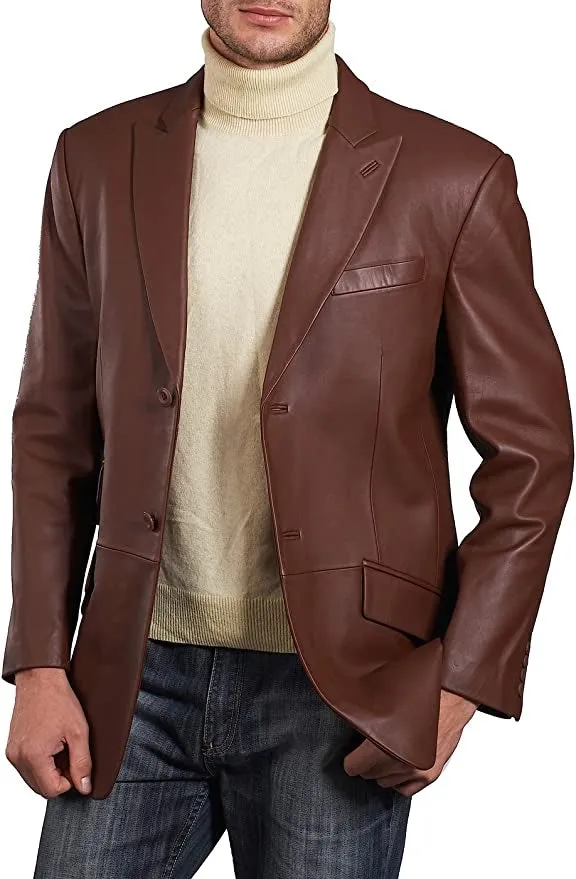 Men’s Classic Two Button Lambskin Brown Leather Blazer TB033