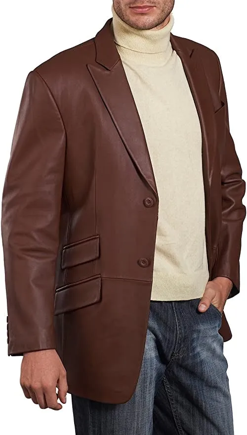 Men’s Classic Two Button Lambskin Brown Leather Blazer TB033