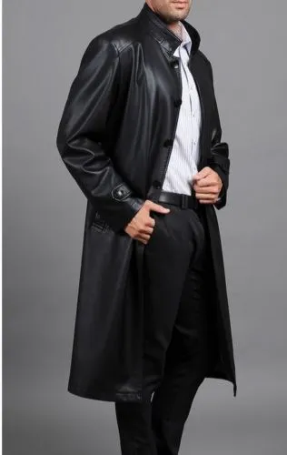 Men's Genuine Leather Knee Length Trench Long Coat MC06