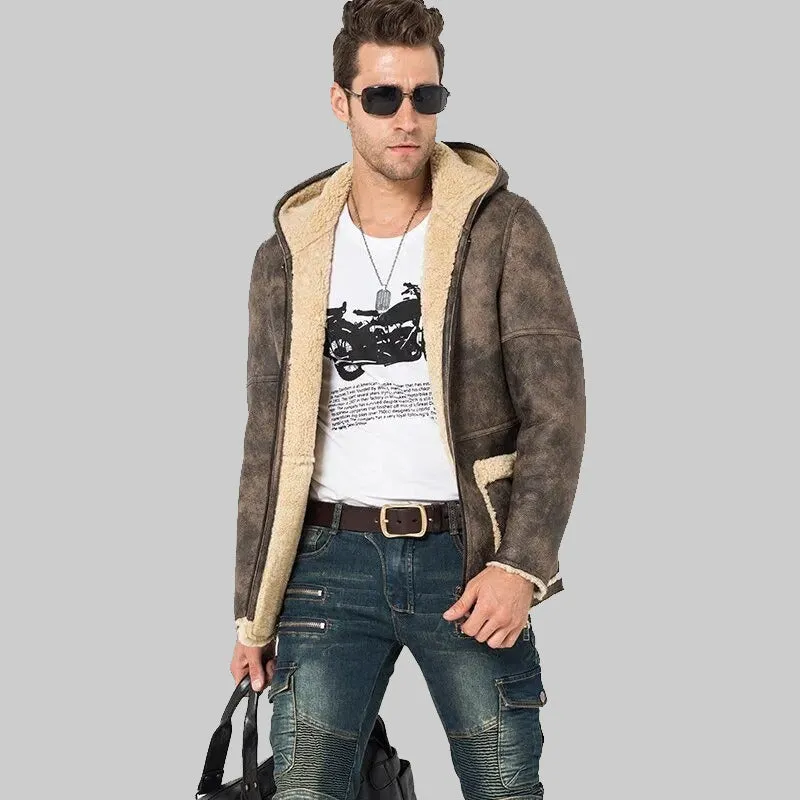 Men's Gray Shearling Hooded Long Fur Coat - Flight Jacket