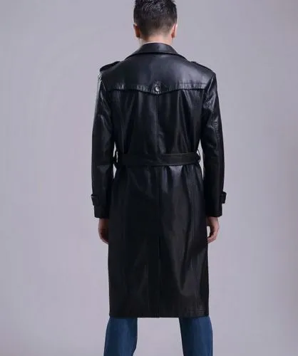 Men's Leather Knee Length Trench Long Coat MC04