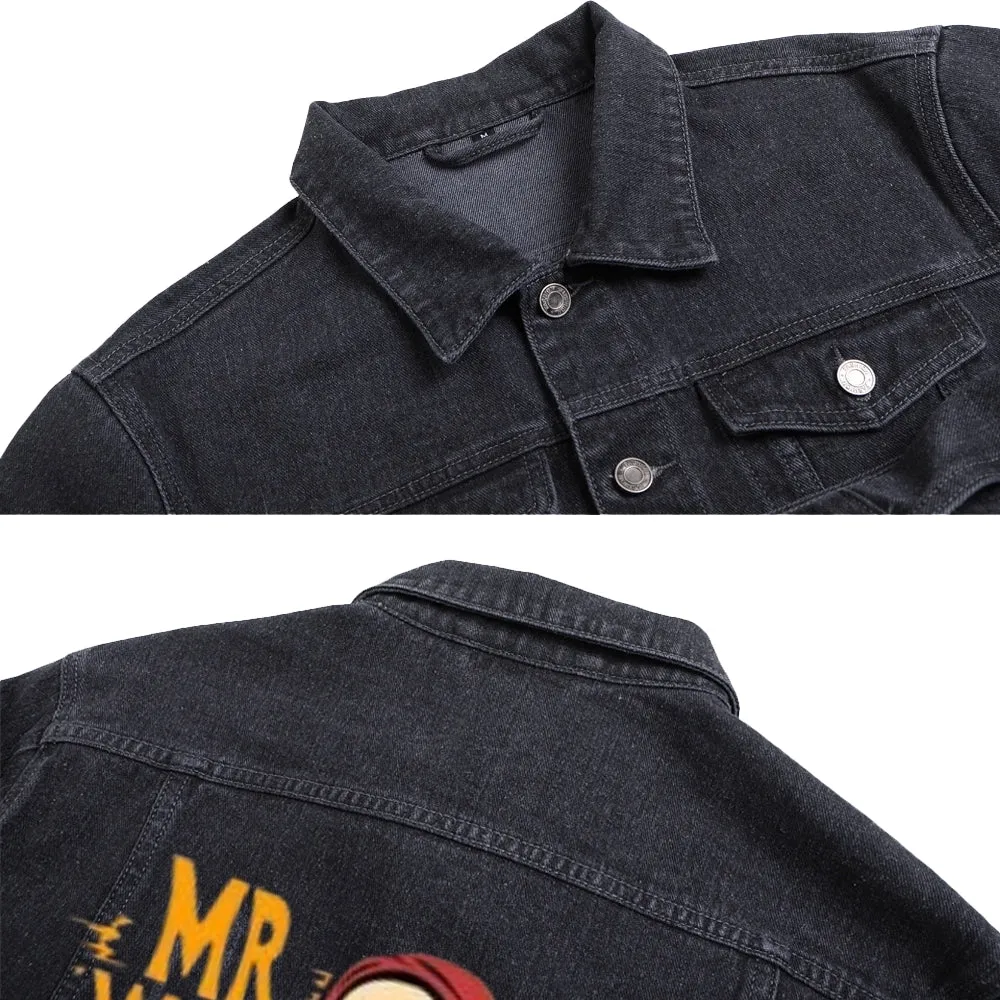 Mens Skateboarding Skeleton Graphic Button Up Denim Jacket