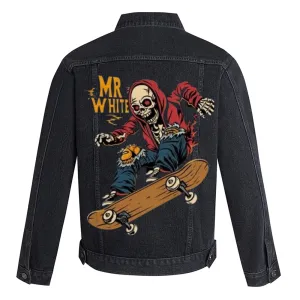 Mens Skateboarding Skeleton Graphic Button Up Denim Jacket