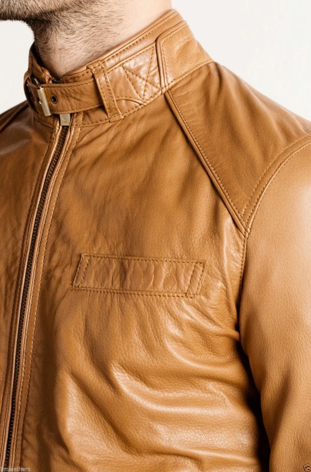 Men's Tan Leather Buckled Collar Accents Jacket MJ023