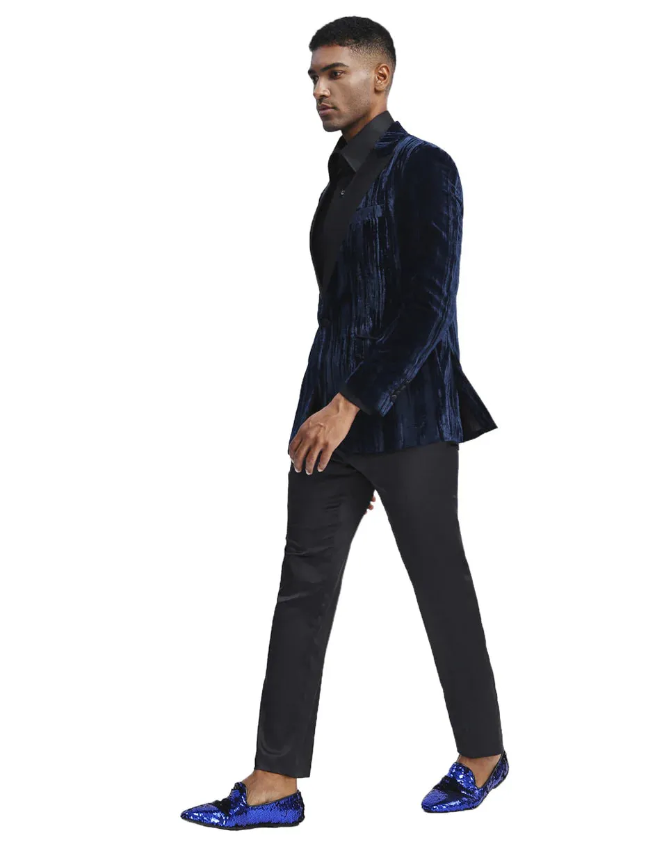 Mens Velvet Peak Lapel Smoking Jacket in Navy | Prom