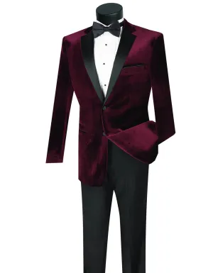 Mens Velvet Two Button Notch Prom Tuxedo in Burgundy