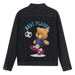 Mens Vintage Cartoon Bear Prints Best Player Denim Jacket