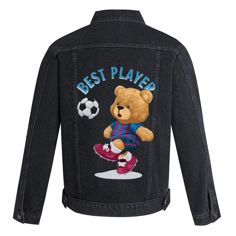 Mens Vintage Cartoon Bear Prints Best Player Denim Jacket