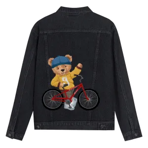 Mens Vintage Cartoon Cute Bear Bike Prints Denim Jacket