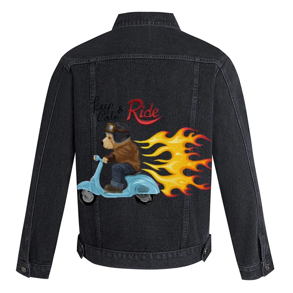 Mens Vintage Cartoon Cute Bear Keep Calm & Ride Prints Denim Jacket