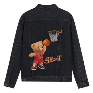 Mens Vintage Cartoon Cute Bear Shoot Playing Basketball Prints Denim Jacket