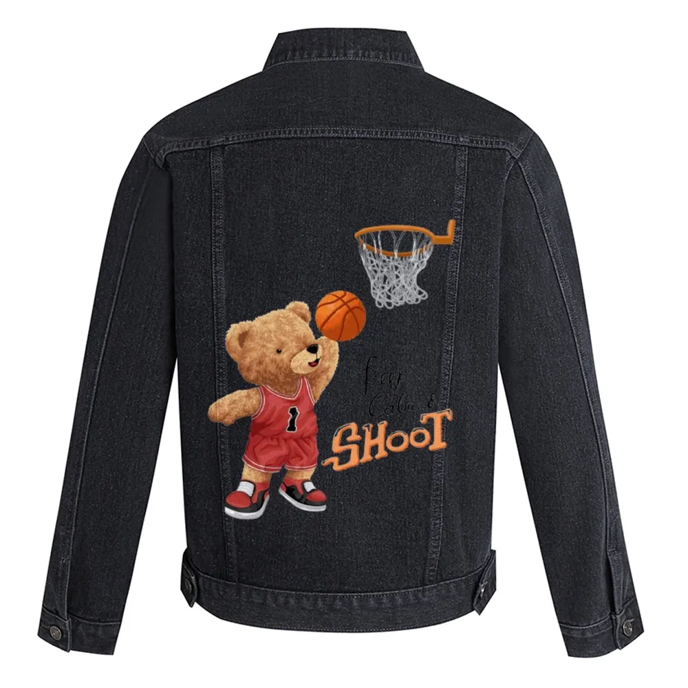 Mens Vintage Cartoon Cute Bear Shoot Playing Basketball Prints Denim Jacket