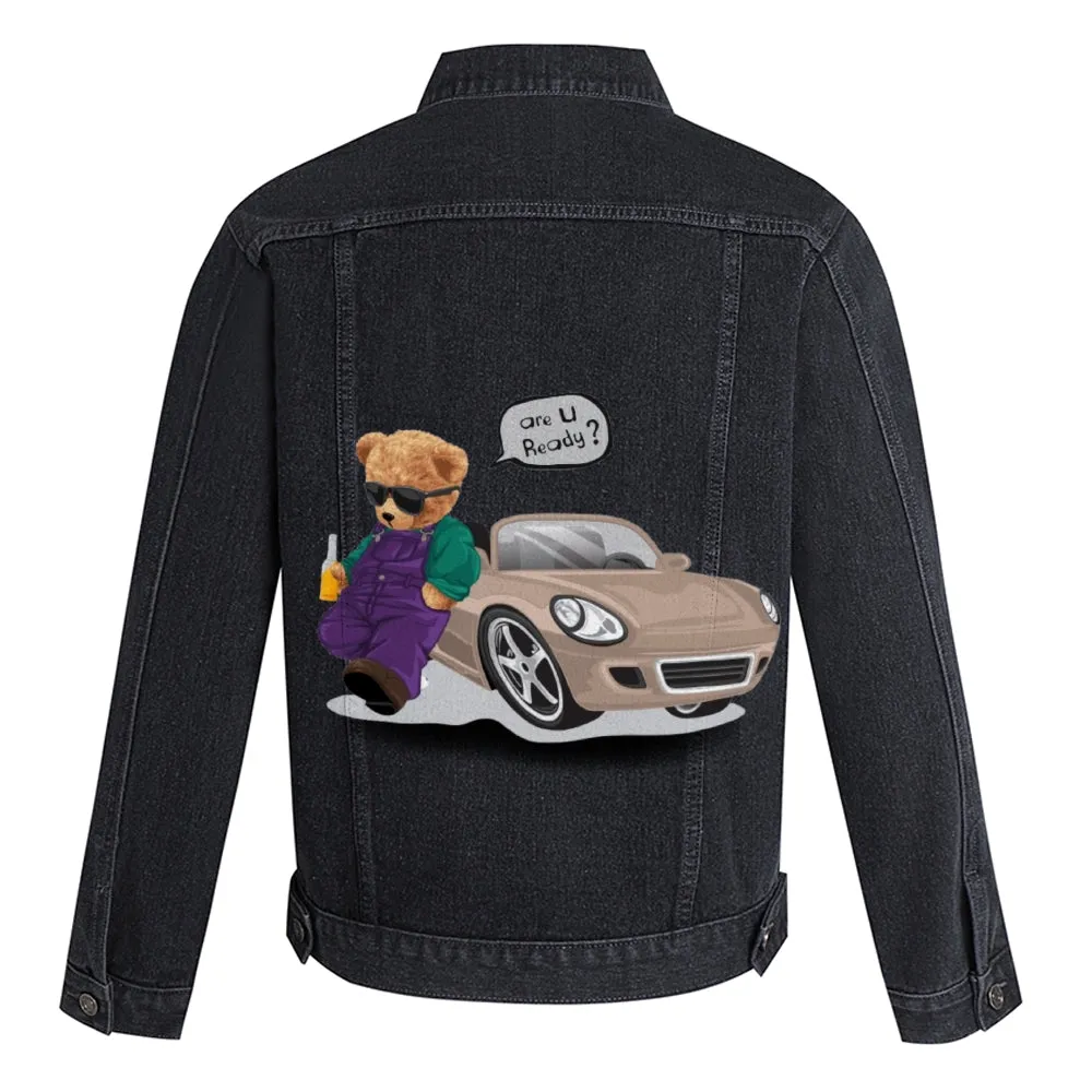 Mens Vintage Cartoon Prints Are U Ready? Cute Bear Sports Car Denim Jacket