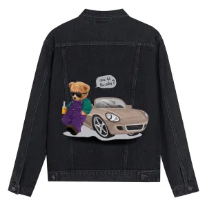 Mens Vintage Cartoon Prints Are U Ready? Cute Bear Sports Car Denim Jacket