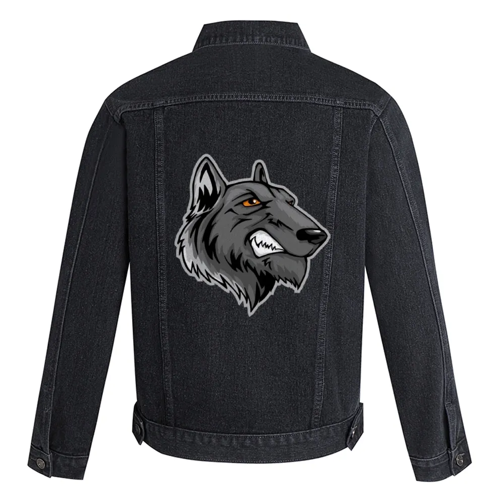 Mens Vintage Cartoon Prints Big Bad Wolf Head Denim Jacket