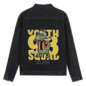 Mens Vintage Cartoon Prints STAY YOUNG NEVER STOP Denim Jacket