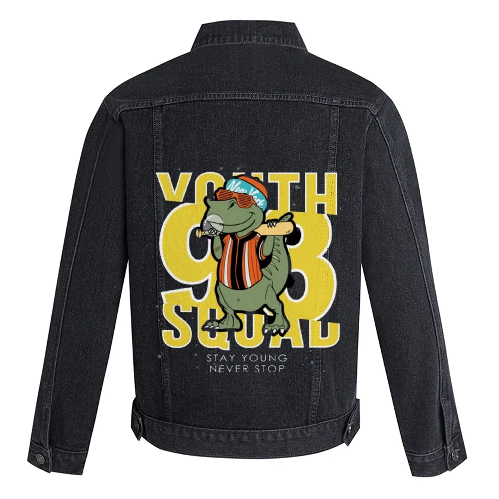 Mens Vintage Cartoon Prints STAY YOUNG NEVER STOP Denim Jacket