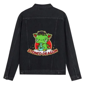 Mens Vintage Cartoon Prints STONED DRAGON Denim Jacket