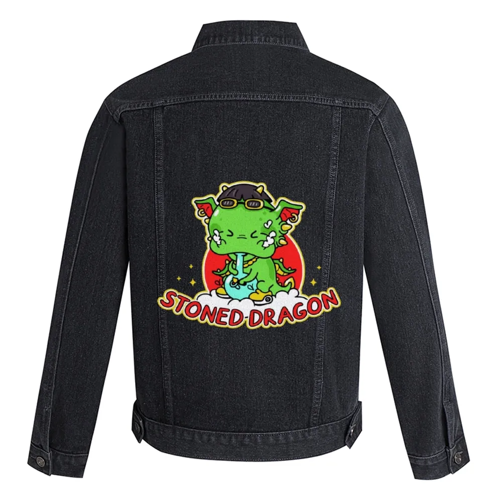 Mens Vintage Cartoon Prints STONED DRAGON Denim Jacket