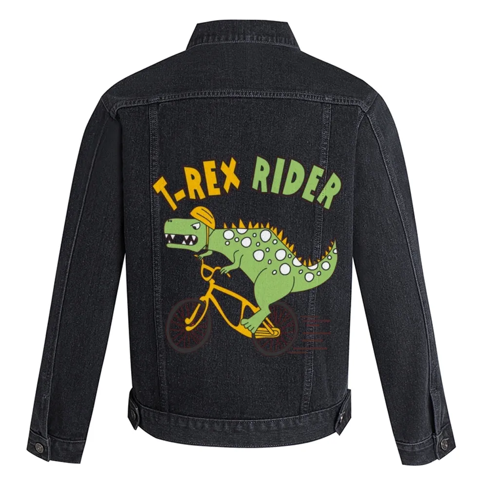 Mens Vintage Cartoon Prints T-REX RIDER Denim Jacket