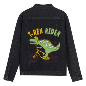 Mens Vintage Cartoon Prints T-REX RIDER Denim Jacket