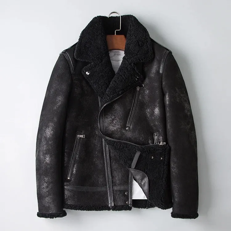 Men's Vintage Genuine Leather Jacket: Classic Rider Style with Sheepskin Shearling Fur