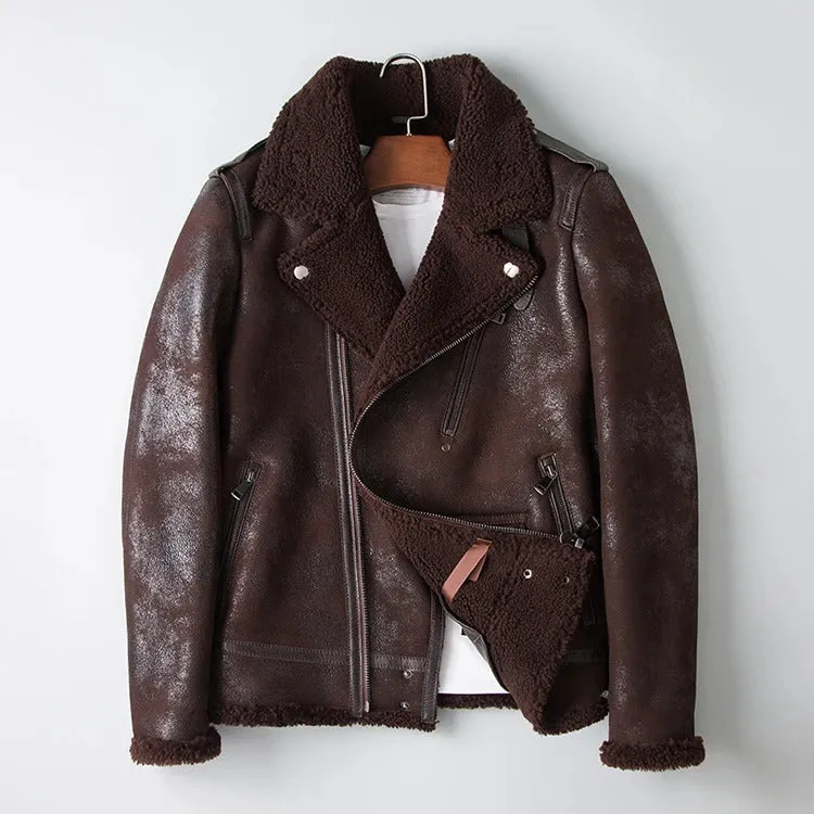 Men's Vintage Genuine Leather Jacket: Classic Rider Style with Sheepskin Shearling Fur