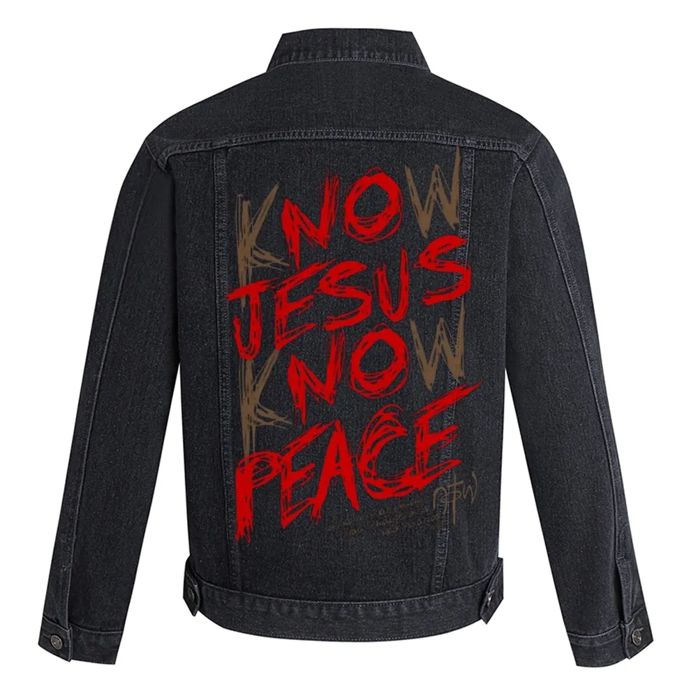 Mens Vintage KNOW JESUS KNOW PEACE Graphic Denim Jacket