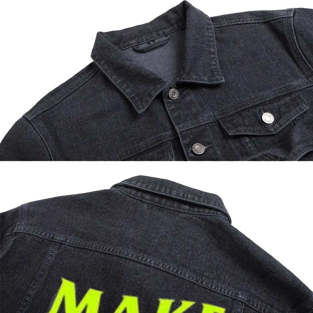 Mens Vintage MAKE MONEY NO FRIENDS Letter Graphic Denim Jacket