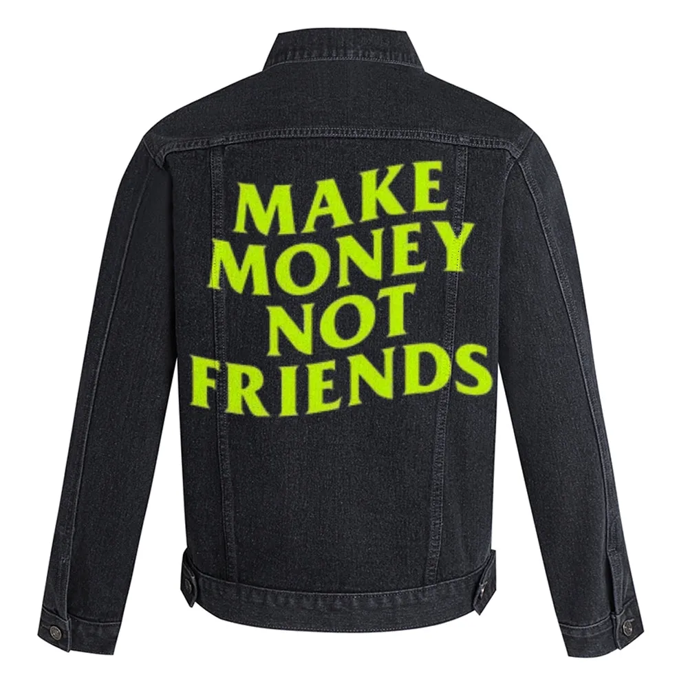 Mens Vintage MAKE MONEY NO FRIENDS Letter Graphic Denim Jacket