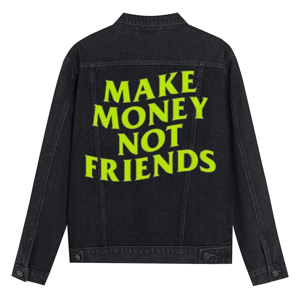 Mens Vintage MAKE MONEY NO FRIENDS Letter Graphic Denim Jacket