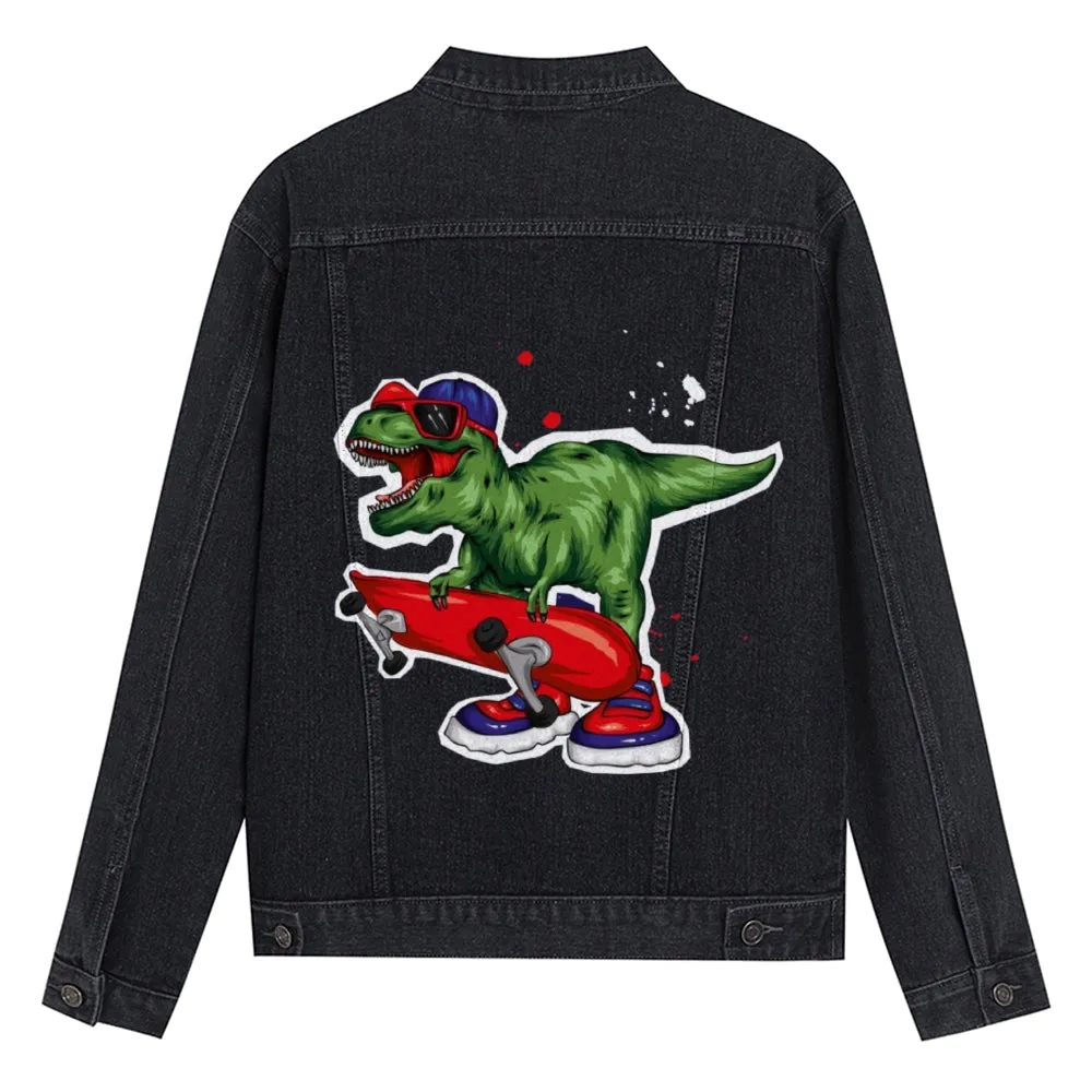 Mens Vintage Skate Cartoon Prints Green Dinosaur Denim Jacket