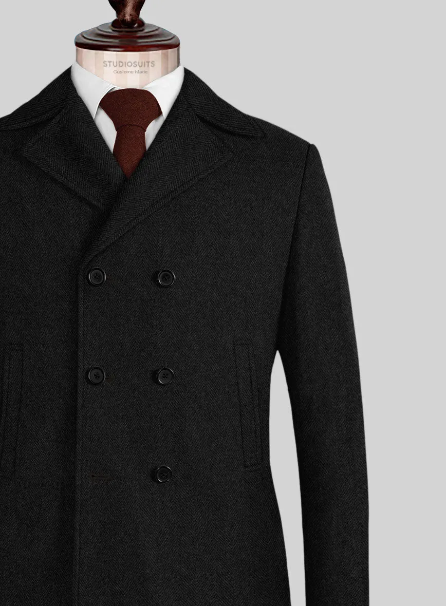 Naples Wide Herringbone Charcoal Tweed Pea Coat