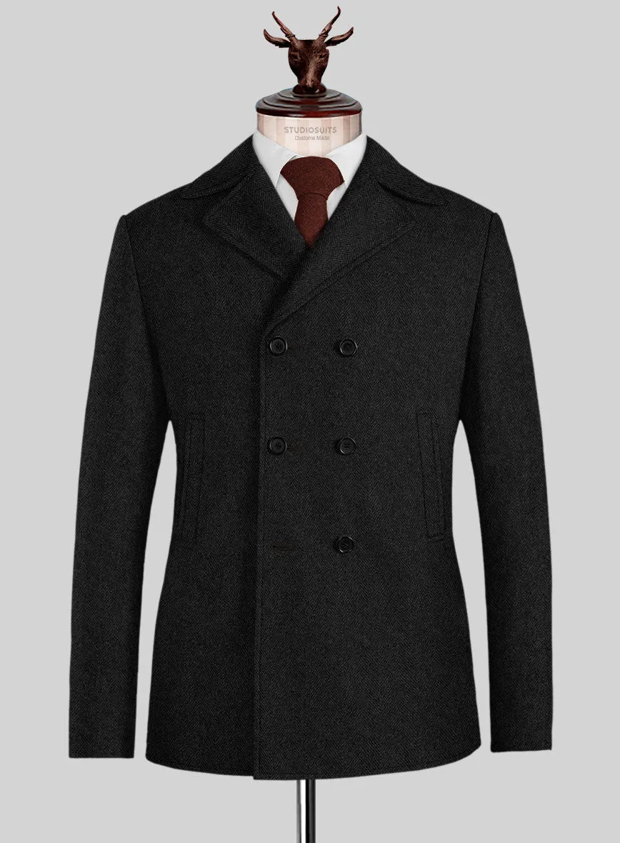 Naples Wide Herringbone Charcoal Tweed Pea Coat