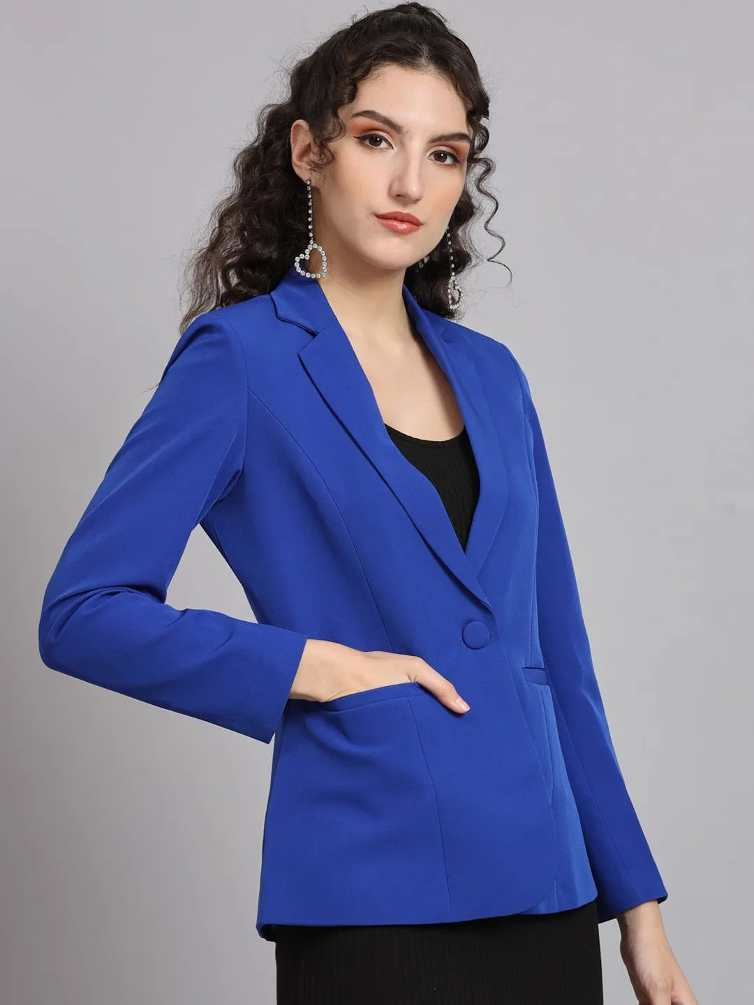 Notch Collar Polyester Blazer - Ink Blue