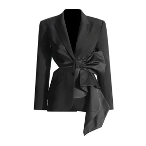 Opulent Peak Lapel Cutout Cinch Waist Satin Pleated Peplum Hybrid Blazer