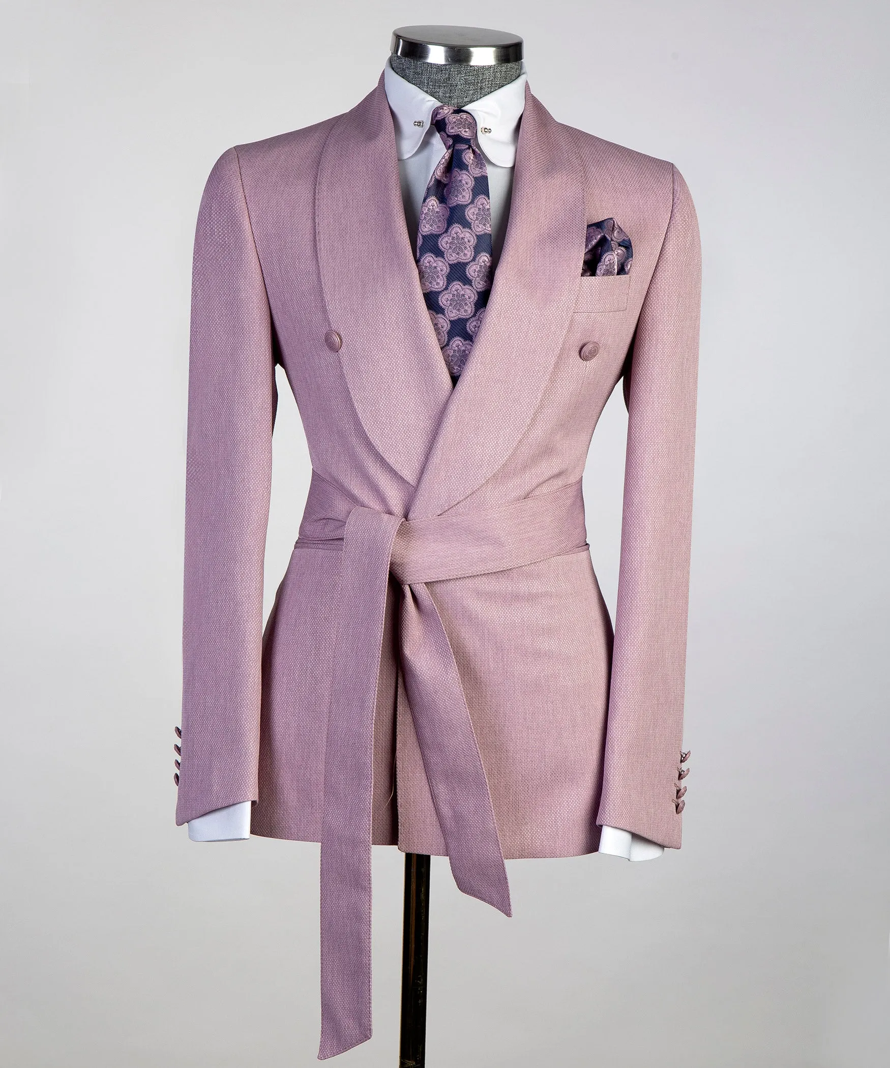 Pastel Pink Double-Breasted Belted Suit