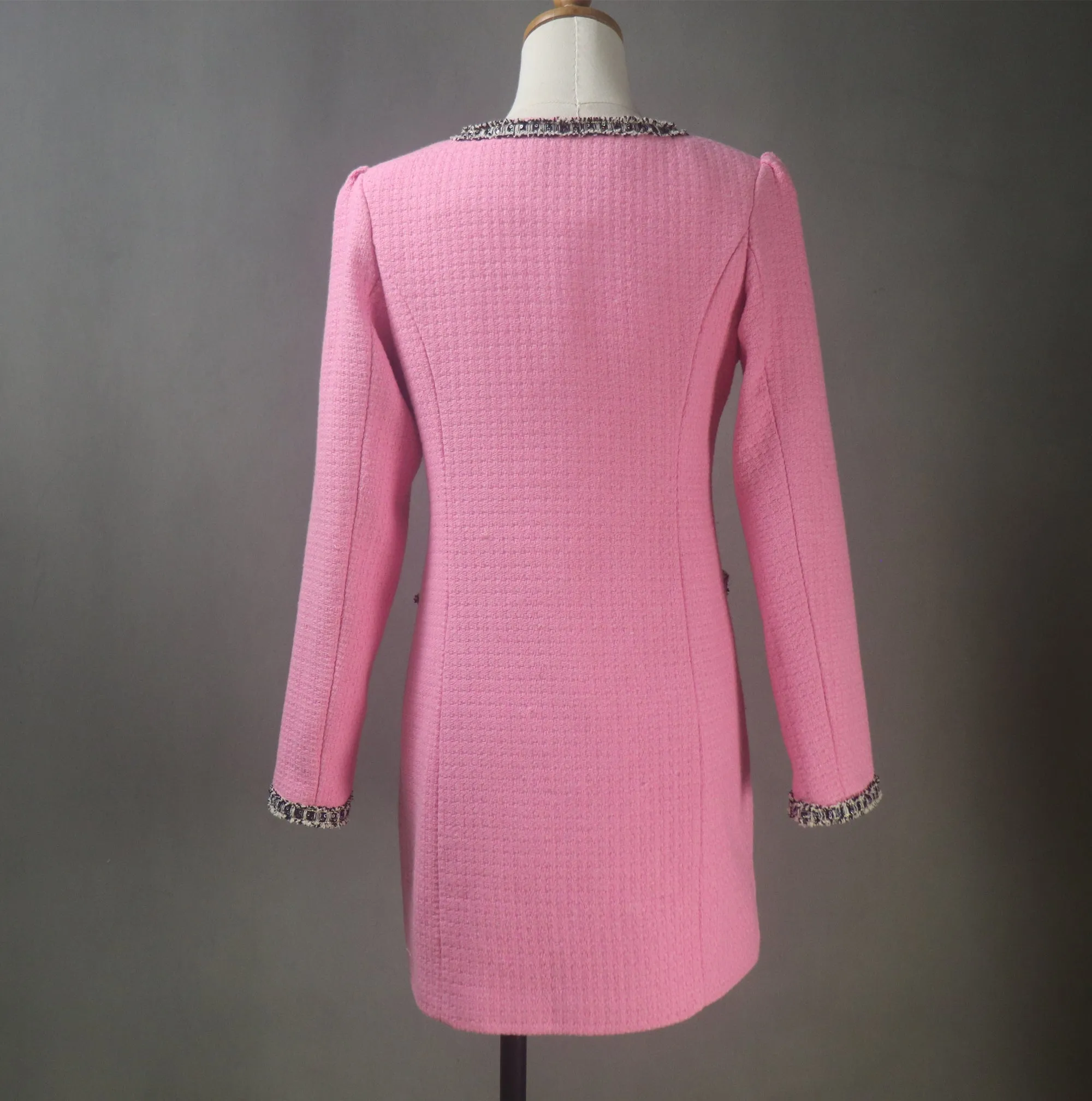 Pink Tweed Custom Made Long Coat with Puff Sleeves