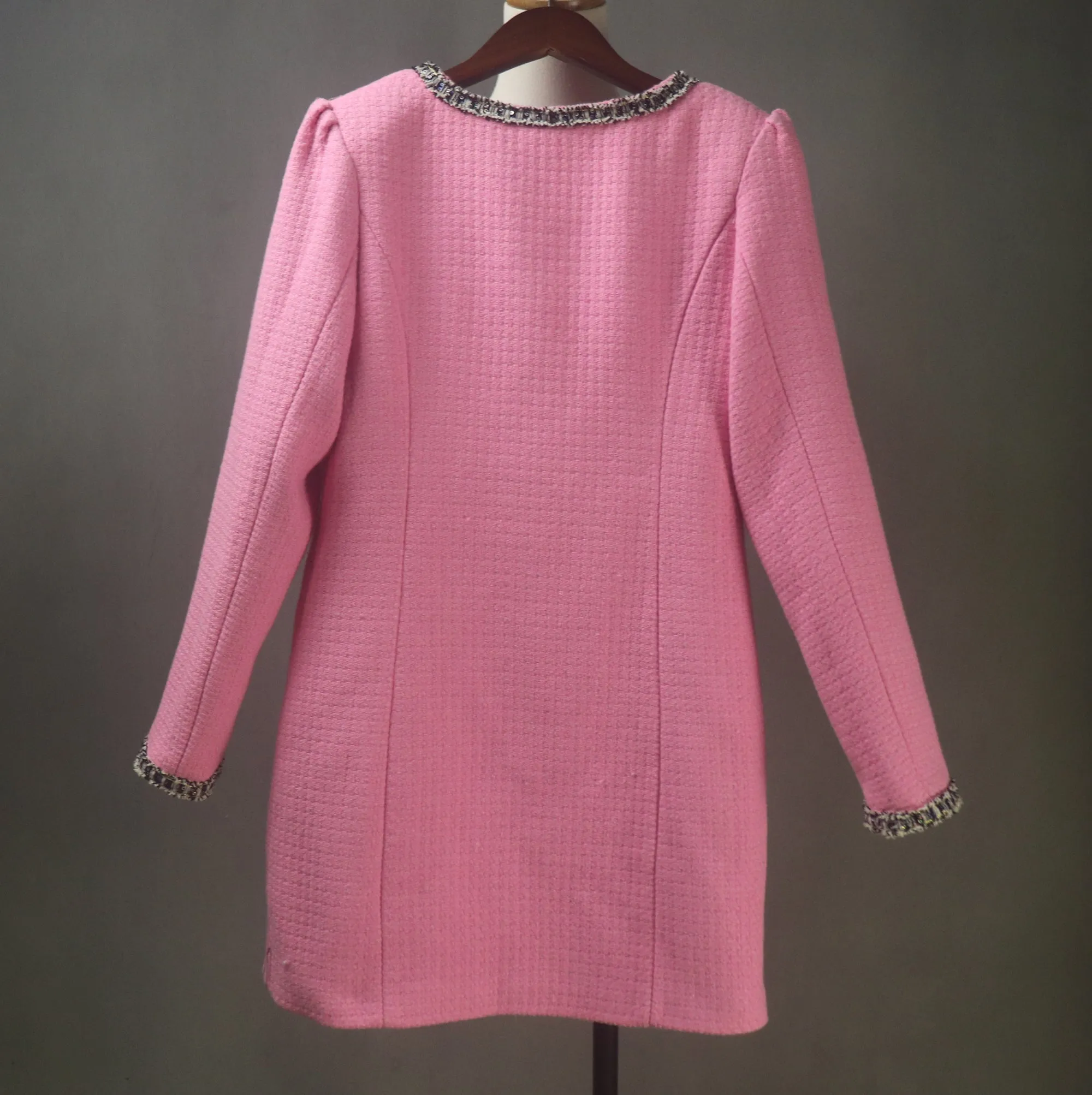 Pink Tweed Custom Made Long Coat with Puff Sleeves